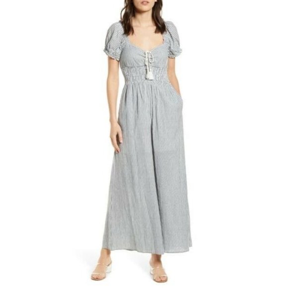 Cleobella Lilly Jumpsuit Stripe Blue White Tassel Revolve XS NWT $188